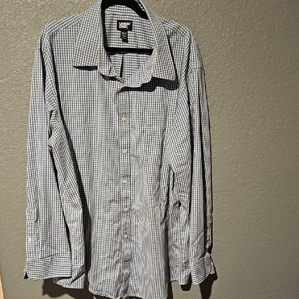 Lands' End Men's Blue Checkered Button Down Shirt